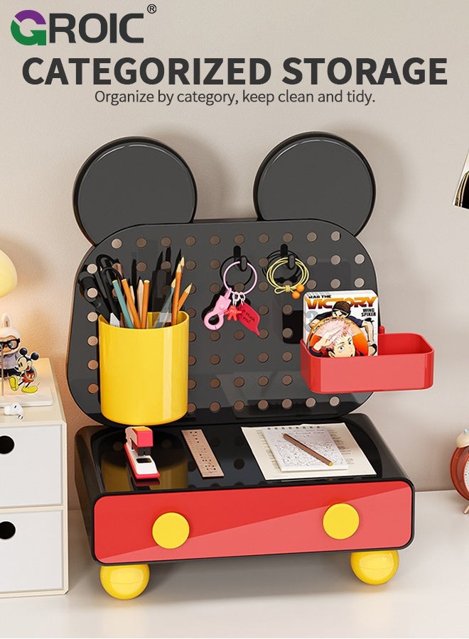 GROIC Desk Organizer, Mickey Mouse Style Storage Box, Multi-Functional Hole Plate Storage with Drawer and hook, Desktop Organization for Office Supplies, Pencils, Markers, Tape, Erasers, Paperclips, Chargers - Image 4